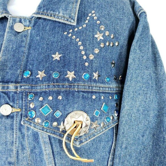 Vintage 80s Freego Blue Denim Western Trucker Jean Jacket S Studded Stars Concho - Picture 2 of 9